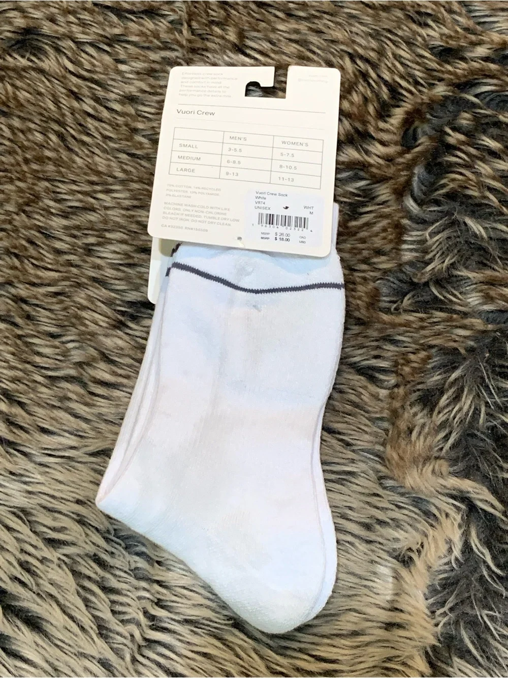 Vuori Crew Sock 2.0 M 6-8.5 W 8-10.5 White
